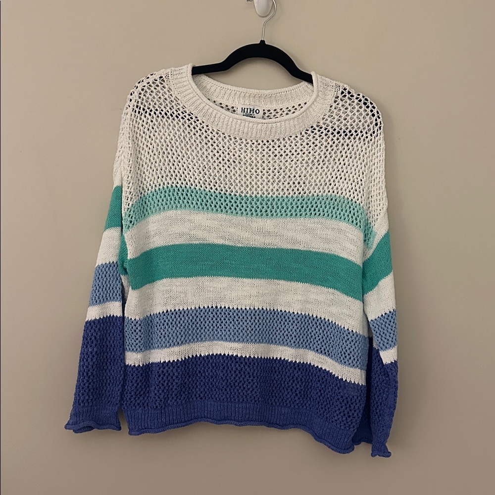 Hiho Women’s Striped Open Knit Crochet Crew-neck Sweater Sz Medium Coastal